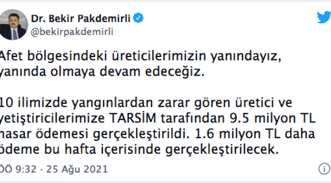 Bakan Pakdemirli açıkladı: Yangından zarar gören vatandaşlara ödeme yapılacak