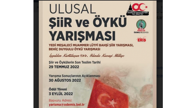 Ödemiş'in Kurtuluşu'nun 100. Yılı'nda Ulusal Şiir ve Öykü Yarışması 